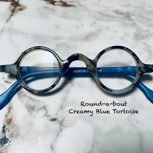 ROUNDABOUT Creamy Blue Tortoise Small Round Reading Glasses Frame & Lens Size in Item Details