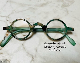 ROUNDABOUT Creamy Green Tortoise Small Round Reading Glasses Frame & Lens Size in Item Details