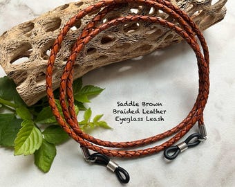 Braided SADDLE BROWN 3MM Italian Leather Eyeglass Cord Length 25" 27" 32" 36" Made USA
