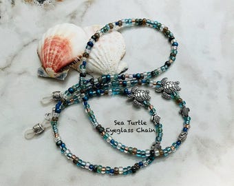 Sea Turtles! Spectacular Ocean  Colors Czech Beaded Eyeglass Chain Length  25”, 27”, 32”, 36”