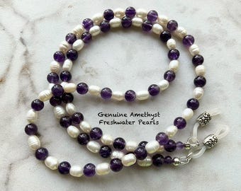 Exquisite! 6MM Genuine Amethyst and 5-7MM Freshwater Pearls Eyeglass Chain Leash  25” 27” 32” Made USA