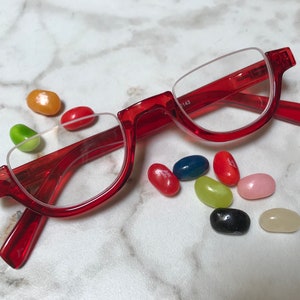 Red Cinnamon JELLY BEAN Upper Rimless Reading Glasses Frame & Lens Size in Item Details