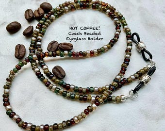 HOT COFFEE!  Czech Aged Multi-Color Picasso Beaded Eyeglass Chain Holder Length Choice 25” 27” 32” Made USA