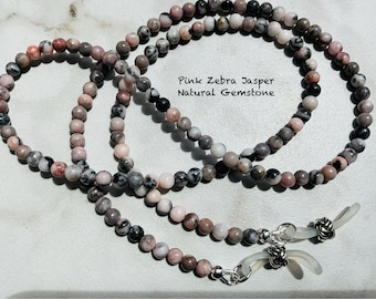 Pink Zebra JASPER 4MM Round Semi-Precious Beaded Eyeglass Chain 25” 27” 32” 36” Made in USA