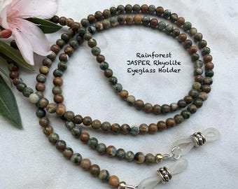 Rainforest Jasper Rhyolite 4mm Beaded Eyeglass Chain Holder Length Choices 25” 27” 32” 36”