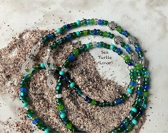 For The Love of Sea Turtles! Glass Beaded Eyeglass Chain Length Choices 25”, 27”, 32”, 36”