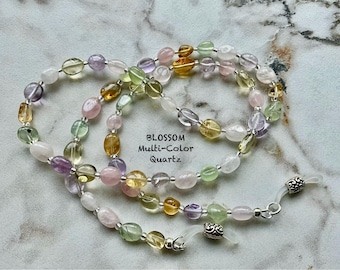 BLOSSOM 6-7MM Multi-Color Pastel Quartz Pebble Nugget Gemstones Beaded Eyeglass Chain Made USA  25" 27" 32"