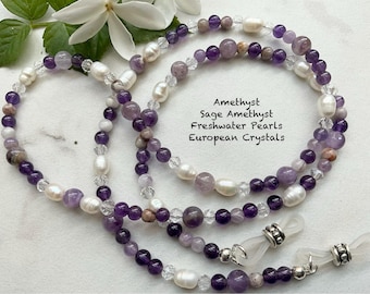 Amethyst Gemstones, Freshwater Pearls & Crystal Eyeglass Chain Leash  25” 27” 32” Made USA