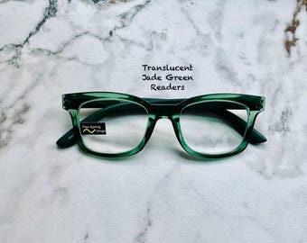 Translucent Jade Green Rectangle Reading Glasses Frame and Lens Size In Item Details