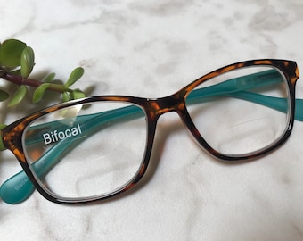 Classic BIFOCAL Clear Lens Readers Tortoise & Pacific Blue Frame Size in Item Details