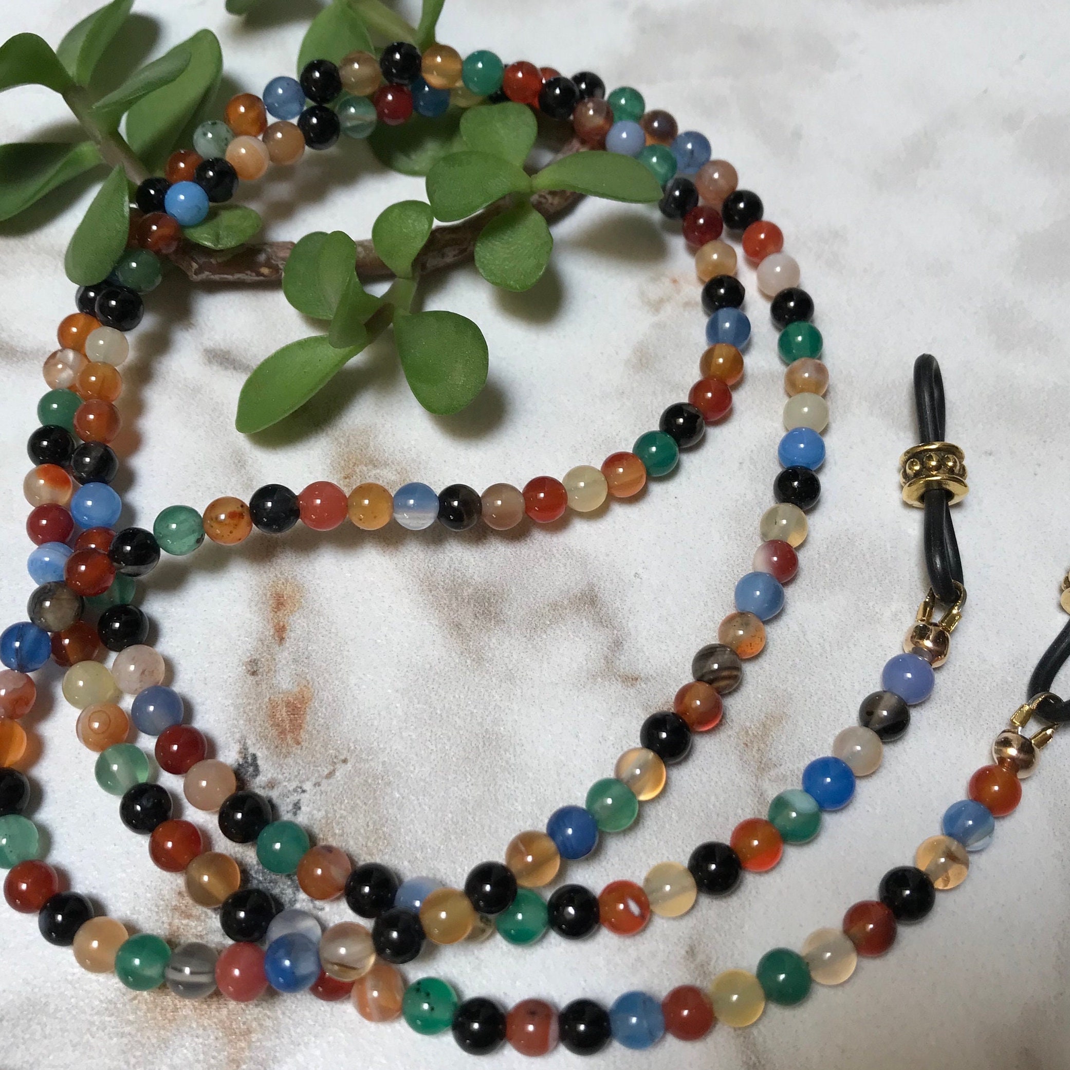 Multi-Colored Genuine High Polished AGATE 4mm Round Beaded Eyeglass Chain 25” 27” 32” 36” Made in USA