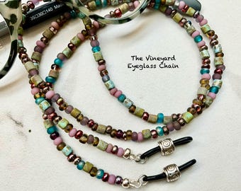 THE VINEYARD Aged Picasso Czech Beaded Eyeglass Chain Made USA Length 25” 27” 32” 36"