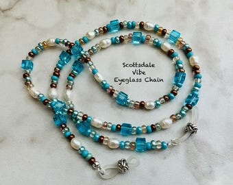 Scottsdale Vibe! Freshwater Pearls, 6MM Aqua Preciosa Cubes with Mixed Medley Czech Beads Eyeglass Chain 25” 27” 32” Made USA