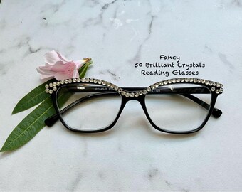 FANCY! Brilliant Crystal Black Frame Reading Glasses Lens Size Info in Item Details