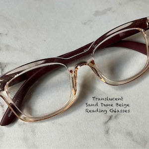 Translucent Sand Dune Beige Rectangle Reading Glasses Frame Size Info in Item Details