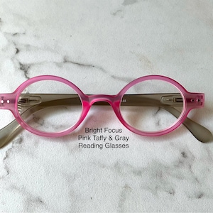 BRIGHT FOCUS Matte Finish Pink Taffy & Gray Small Oval Reading Glasses Frame and Lens Size in Item Details