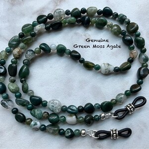 Cadena para gafas de ágata musgosa verde de 7-10 mm con pepitas lisas y cuentas redondas de piedras preciosas naturales de 4 mm, 25”, 27”, 32” y 36”.