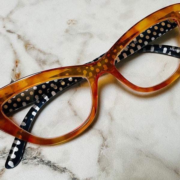 Cat Eye Amber Orange Polka Dot Black & White Reading Glasses