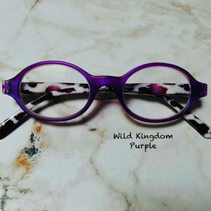Animal Print in Purple!  Small Oval Lightweight Reading Glasses Frame Size in Item Details