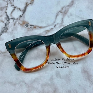 MILAN Fashion Slate Teal and Tortoise Large Frame Rectangle Reading Glasses Frame and Lens Size in Item Details