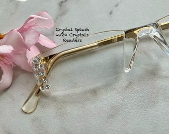 Crystal Splash Gold Finish Temples Rimless Readers w/20 Crystals Narrow Reading Glasses Size in Item Details Diopter +1.50