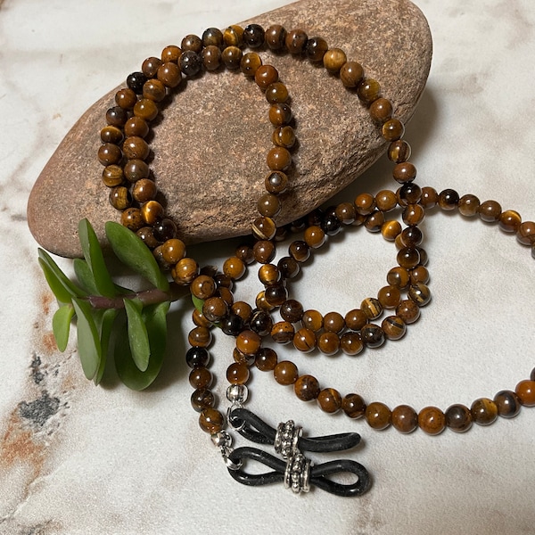 Genuine Brown TIGER EYE Beaded Eyeglass Chain Holder