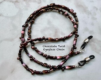 Chocolate Twist!  Mixed Medley Chocolate Purple Bronzed Czech Beaded Eyeglass Chain Lenths 25”, 27”, 32”