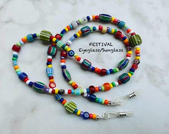 FESTIVAL of Chevron, Barrel and Czech Glass Beads Eyeglass Sunglass Chain Holder 25” 27” 32” 36” Made in USA