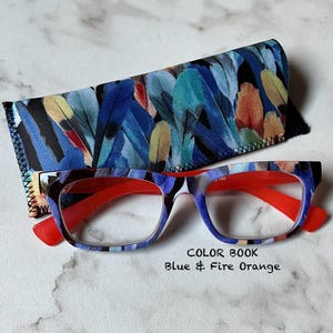 COLOR BOOK Multi Blues Front Frame with Fire Orange Temples Rectangle Reading Glasses Matching Case. Lens and Frame Size in Item Details
