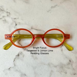 BRIGHT FOCUS Matte Finish Tangerine & Lemon Lime Small Oval Reading Glasses Frame and Lens Size in Item Details