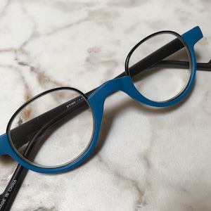 Over The Top French BLUE Small Round Reading Glasses Frame & Lens Size in Item Details