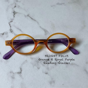 BRIGHT FOCUS Matte Finish Orange & Royal Purple Small Oval Reading Glasses Frame and Lens Size in Item Details