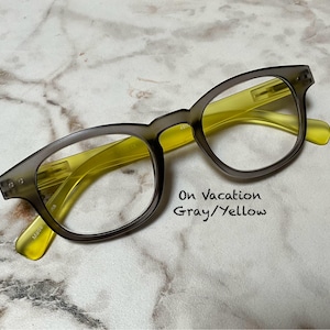 ON VACATION Gray/Yellow Translucent Rectangle Reading Glasses Frame Size in Item Details