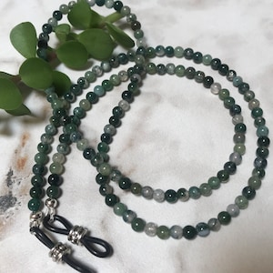 Green Moss Agate Semi-Precious Gemstone Beaded Eyeglass Chain Holder Leash Made in USA Choice of Length 25&quot; 27&quot; 32&quot; 36”