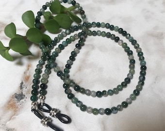 Green Moss Agate Semi-Precious Gemstone Beaded Eyeglass Chain Holder Leash Made in USA Choice of Length 25&quot; 27&quot; 32&quot; 36”