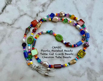 One-of-a-Kind Beaded Eyeglass Chain, Baroque Pearls, Czech Crystals, Chevron Beads