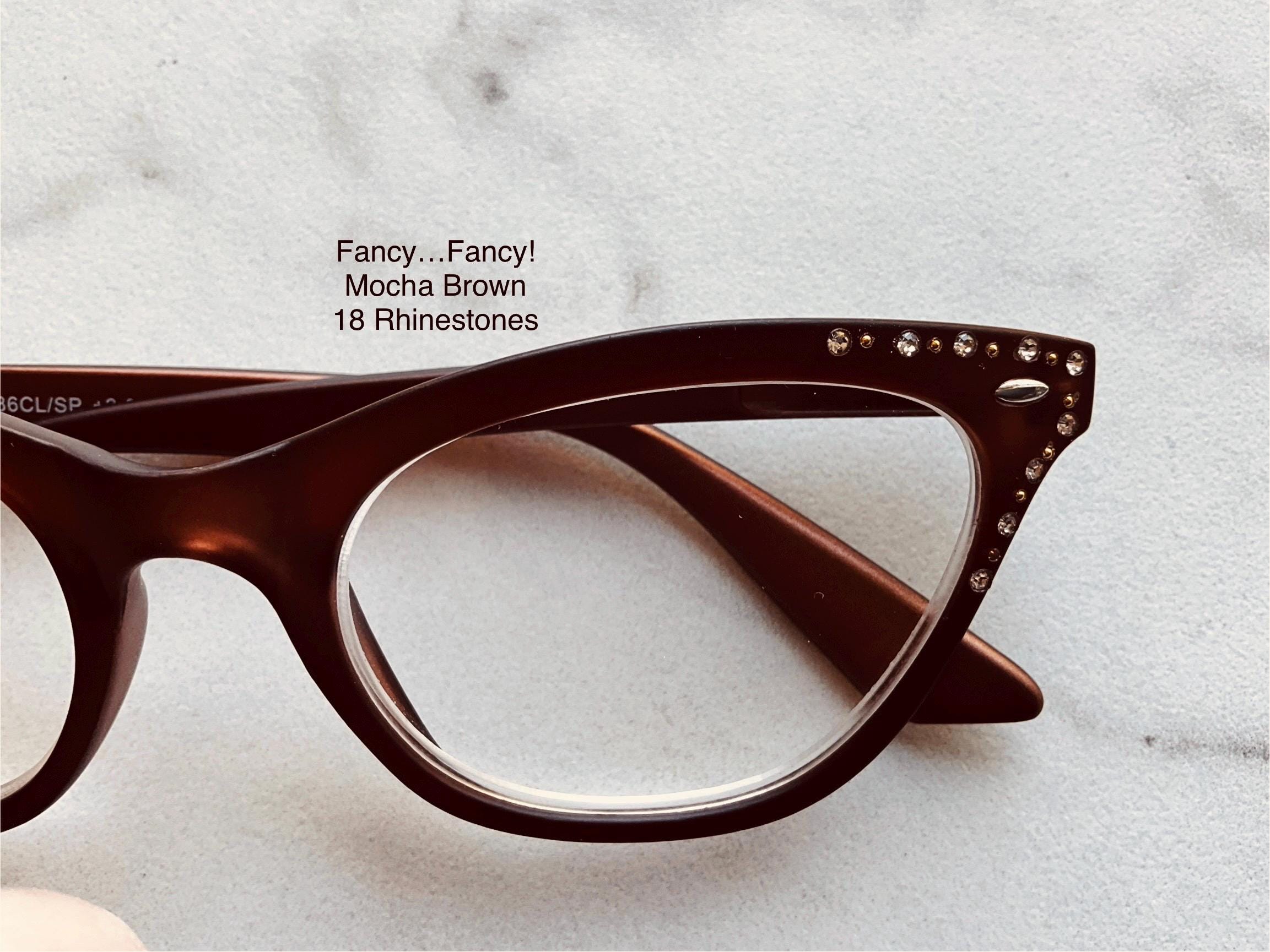 Fancy…Fancy! Rich Mocha Brown Frame with 18 Rhinestones at Temples Single Vision Lens Frame and Lens Size in Item Details