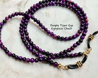 Purple TIGER EYE 4MM Round Beaded Eyeglass Chain Holder Length 25” 27” 32” Made in USA