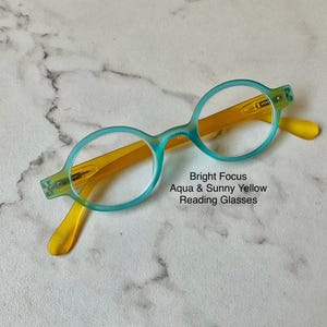 BRIGHT FOCUS Matte Finish Aqua & Sunny Yellow Small Oval Reading Glasses Frame and Lens Size in Item Details