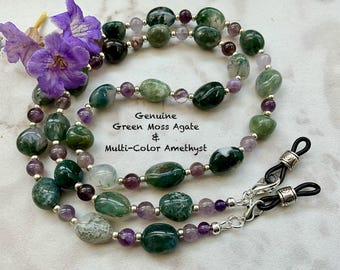 8-11MM Green Moss Agate, 6MM Amethyst Semi-Precious Gemstones Beaded Eyeglass Chain Made USA Lengths 25" 27" 32" 36”