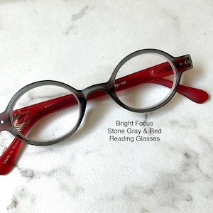 BRIGHT FOCUS Matte Finish Stone Gray & Red Small Oval Reading Glasses Frame and Lens Size in Item Details