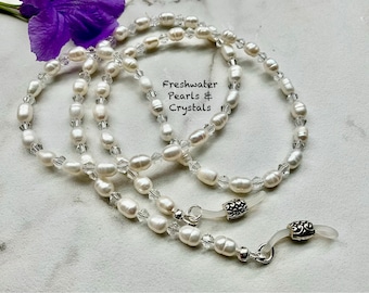 Freshwater Pearls & European Bicone Crystals Eyeglass Chain Leash  25” 27” 32” 36” Made in USA