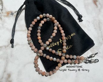 MOONSTONE Light Tawny Brown & Gray Semi-Precious Gemstone 6mm Smooth Round Beaded Eyeglass Chain Holder 25” 27” 32” 36” Made in USA