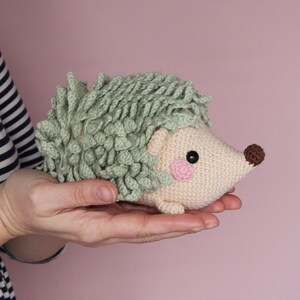 May include: A crocheted hedgehog toy with a green spiky back, a beige body, pink cheeks, and a brown nose.