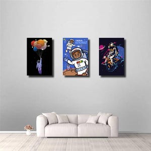 Juego de 3 carteles de lienzo de astronauta, póster de héroe de dibujos animados para niños, imagen impresa de arte de pared, accesorios de decoración de habitación infantil sin marco
