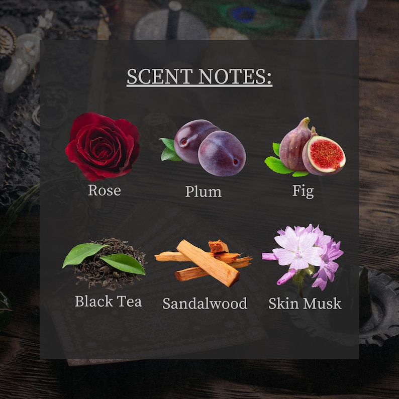 May include: A graphic showing the scent notes of a fragrance. The notes are: Rose, Plum, Fig, Black Tea, Sandalwood, and Skin Musk.