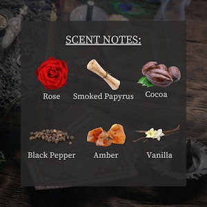 May include: Image displaying scent notes: Rose, Smoked Papyrus, Cocoa, Black Pepper, Amber, and Vanilla. The text "SCENT NOTES:" is at the top. The image has a dark background with a wooden texture.