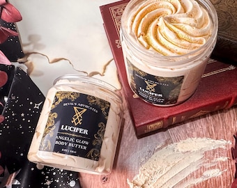 Lucifer Glow Body Butter | 8 oz Whipped Angelic Shimmer Gold Body Lotion | Moisturizing Devotional Oil Base | Rose, Books, and Cocoa Scented