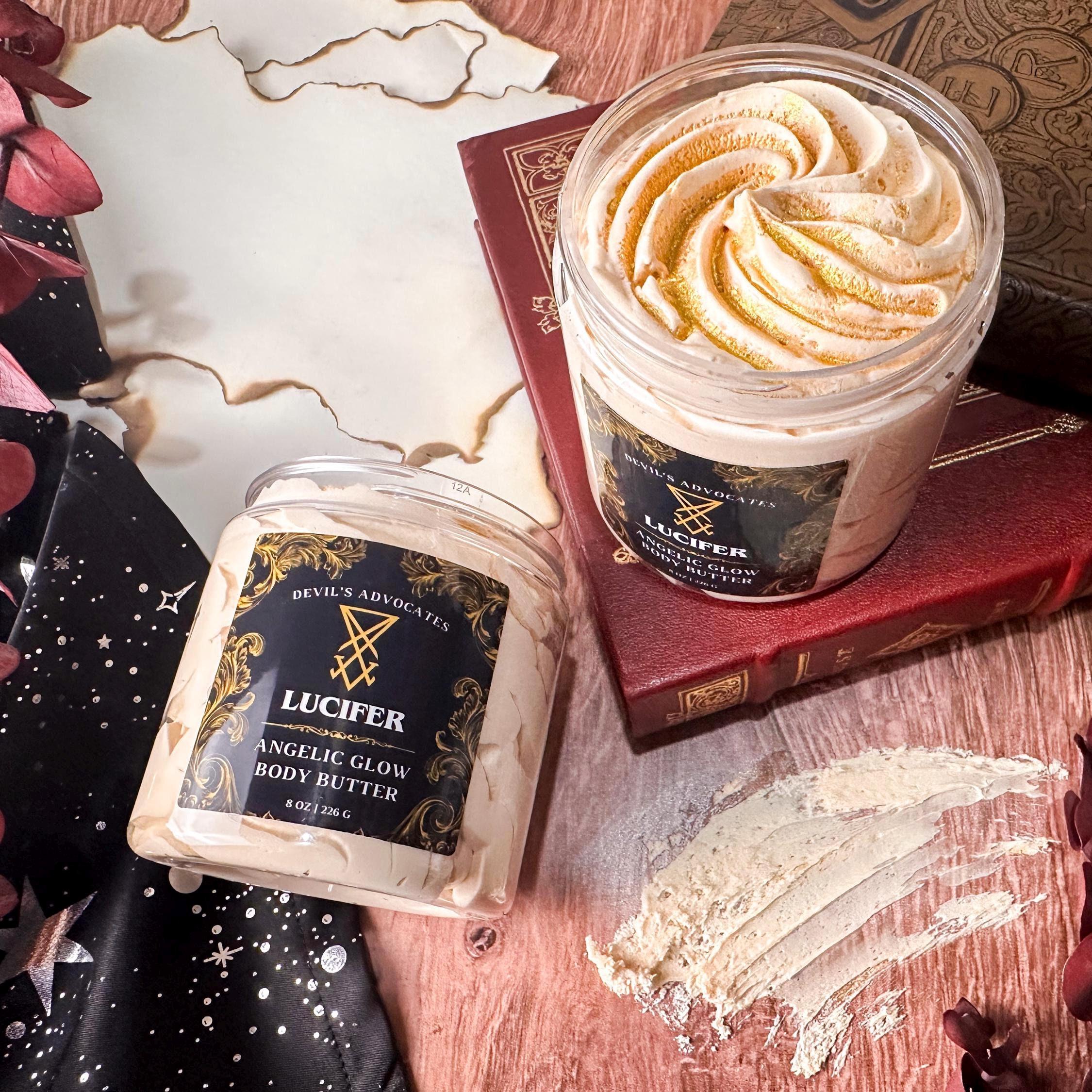 Lucifer Glow Body Butter 8 oz Whipped Angelic Shimmer Gold Body Lotion Moisturizing Devotional Oil Base Rose, Books, and Cocoa Scented