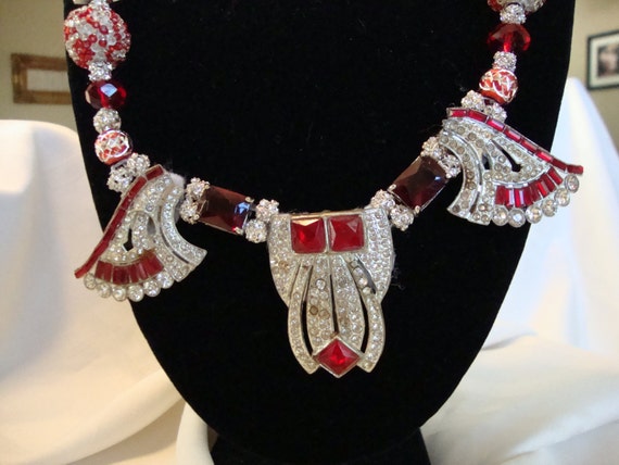 Vintage, Triple WMCA Signed Red & Clear Rhinestone Dress Clips and Beaded Necklace Vintage, Triple WMCA Signed Red & Clear Rhinestone Dress Clips and Beaded Necklace